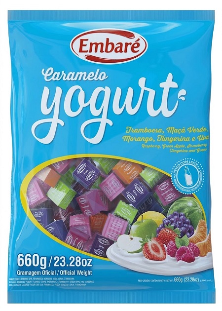 BALA CARAMELO EMBARE YOGURT FRUTAS AZUL 660G FRAMBOESA, MACA,MORANGO,TANGERINA,UVA BALAS